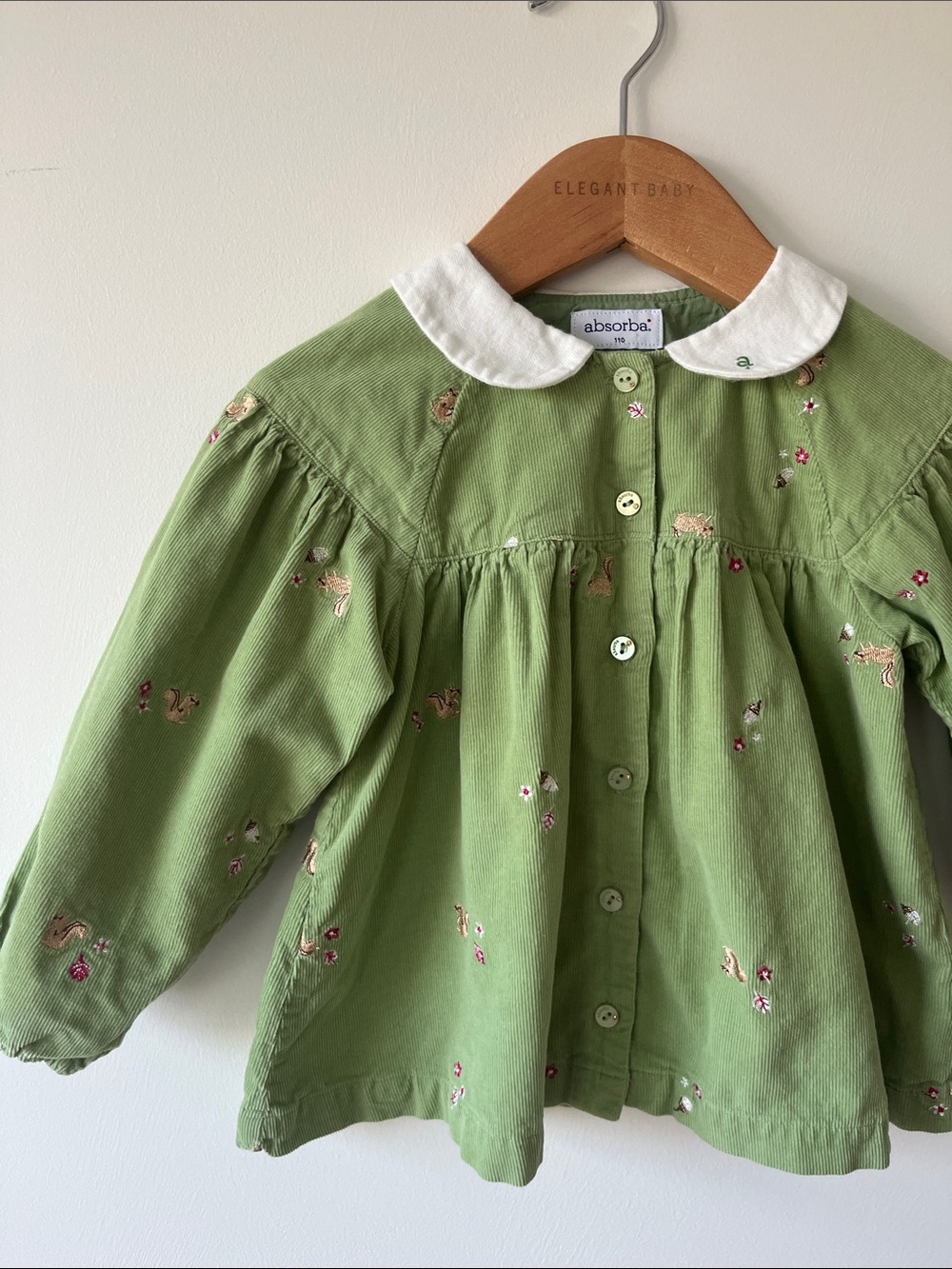 Absorba Light Green Corduroy Blouse with White Peter Pan Collar w/ embroidery